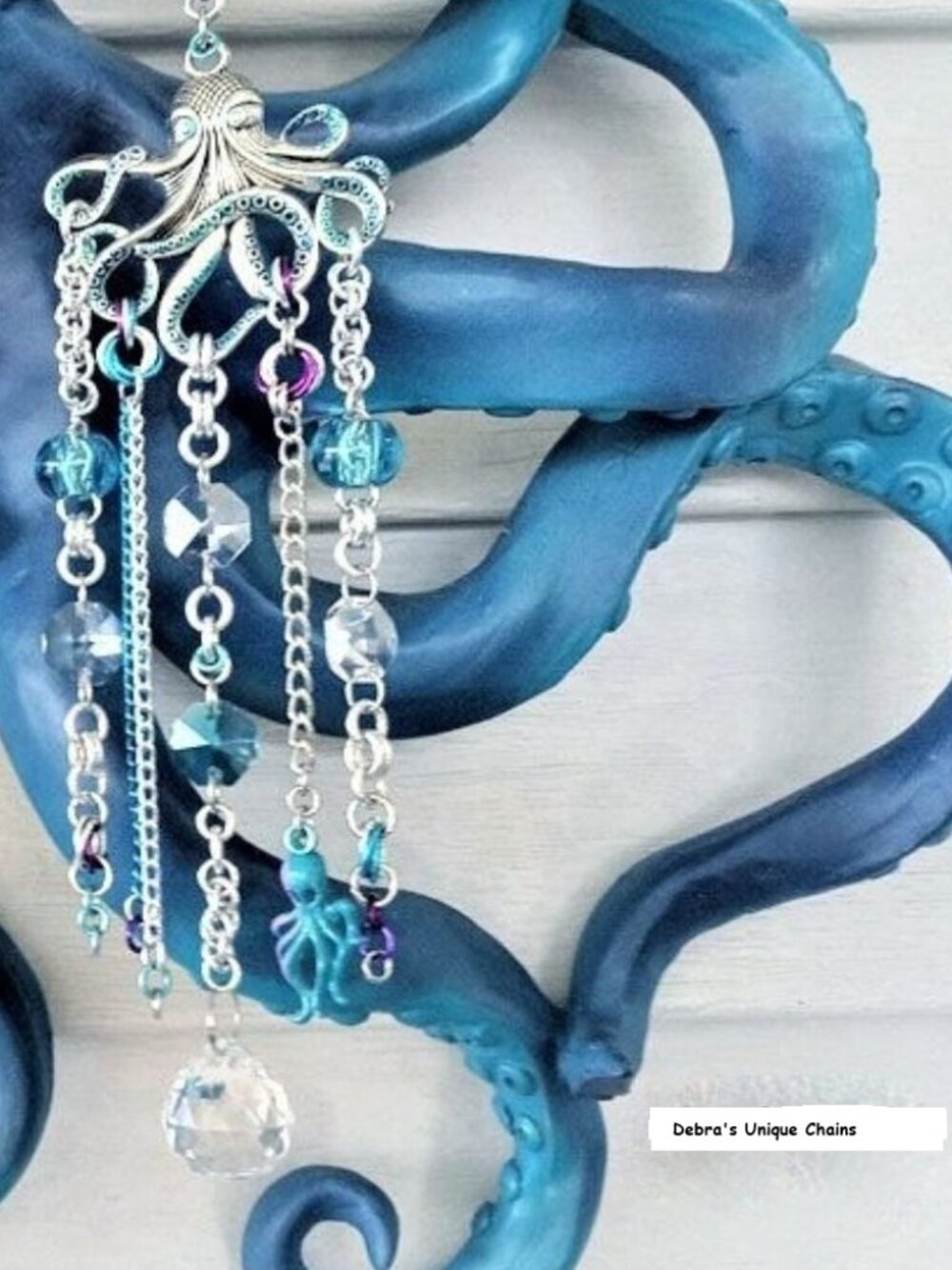 Octopus Suncatcher Chimes Silver Teal Crystals Chain Maille Kraken Home Decor